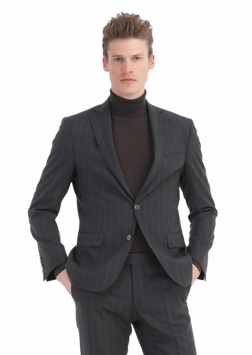 Dark Grey Striped Zeroweight Slim Fit Wool Blended Suit - 5