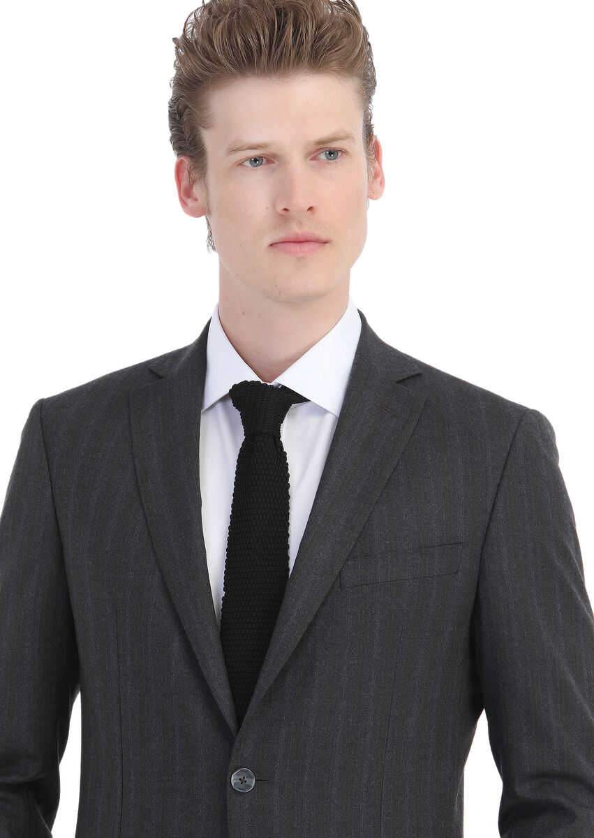 Dark Grey Striped Zeroweight Slim Fit Wool Blended Suit - 6