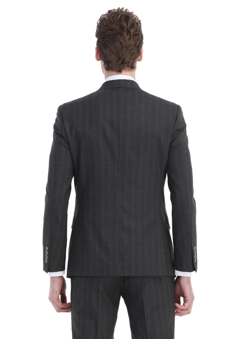 Dark Grey Striped Zeroweight Slim Fit Wool Blended Suit - 8