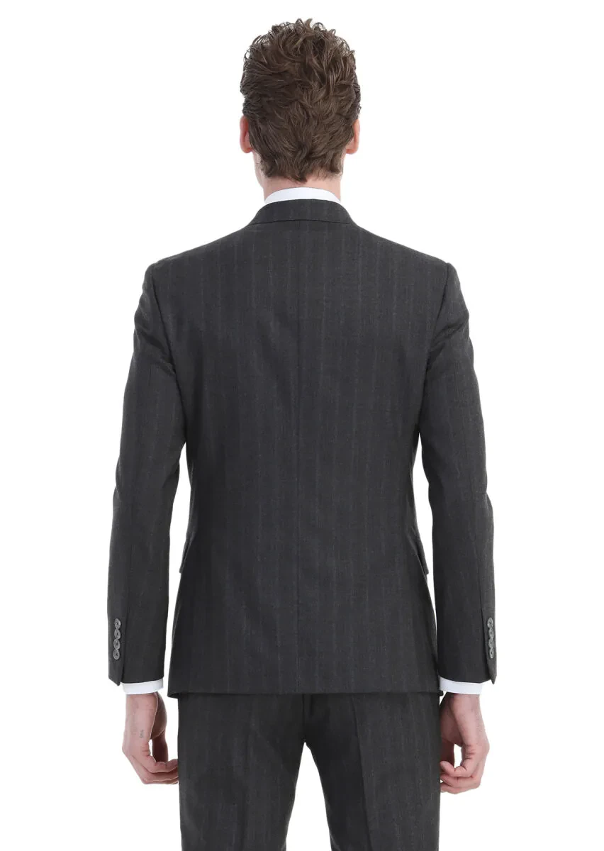 Dark Grey Striped Zeroweight Slim Fit Wool Blended Suit - 8