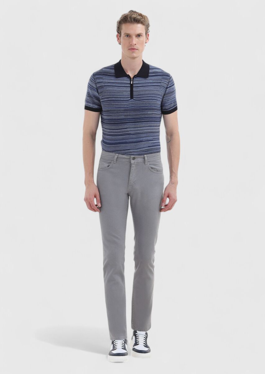 Dark Grey Weaving Slim Fit Casual 100% Cotton Trousers - 1