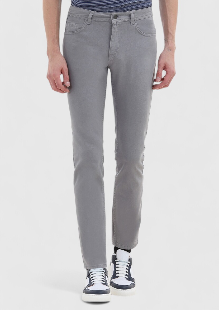 Dark Grey Weaving Slim Fit Casual 100% Cotton Trousers - 2