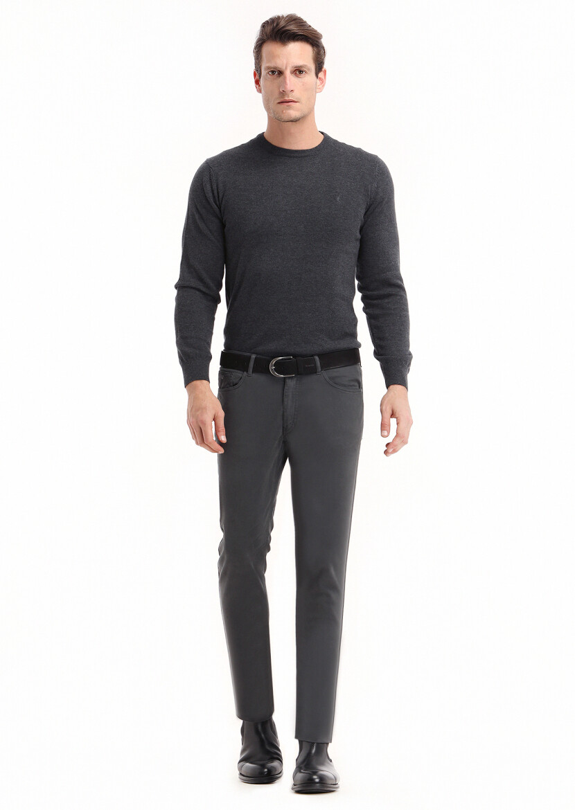 Dark Grey Weaving Slim Fit Casual Cotton Blended Trousers - 1