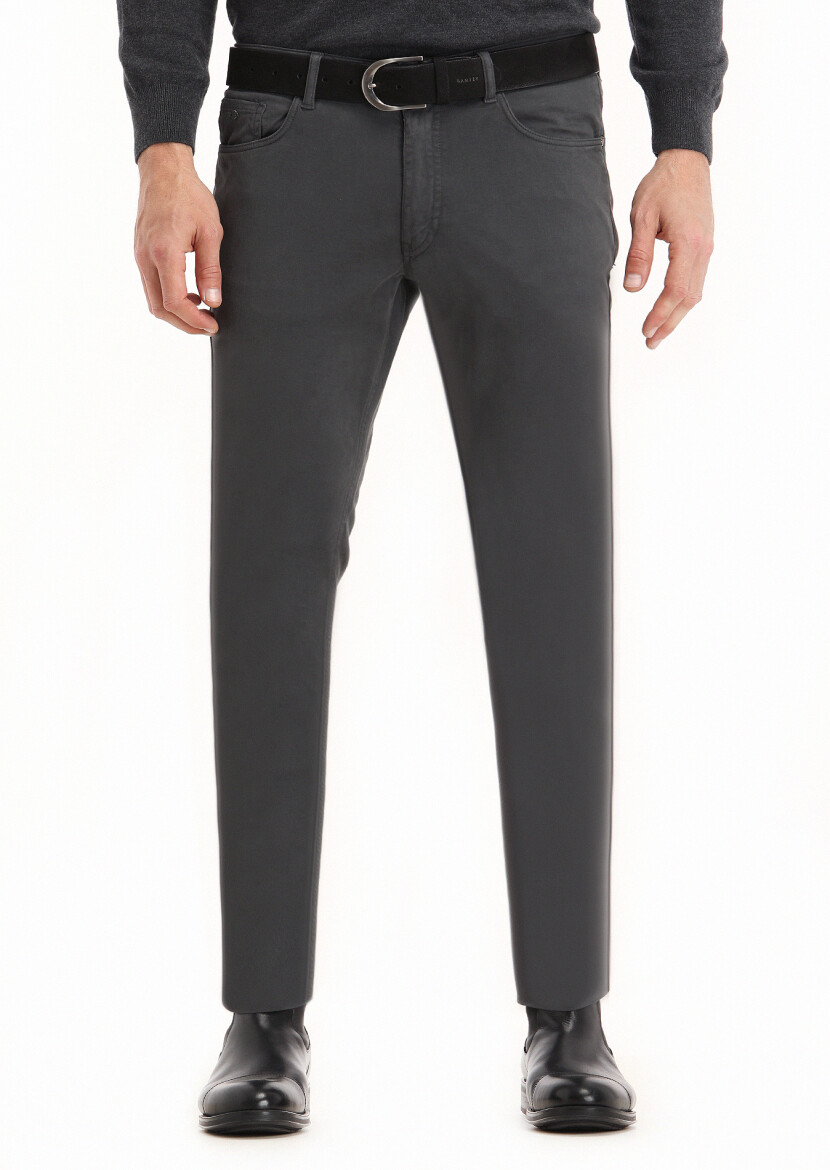 Dark Grey Weaving Slim Fit Casual Cotton Blended Trousers 