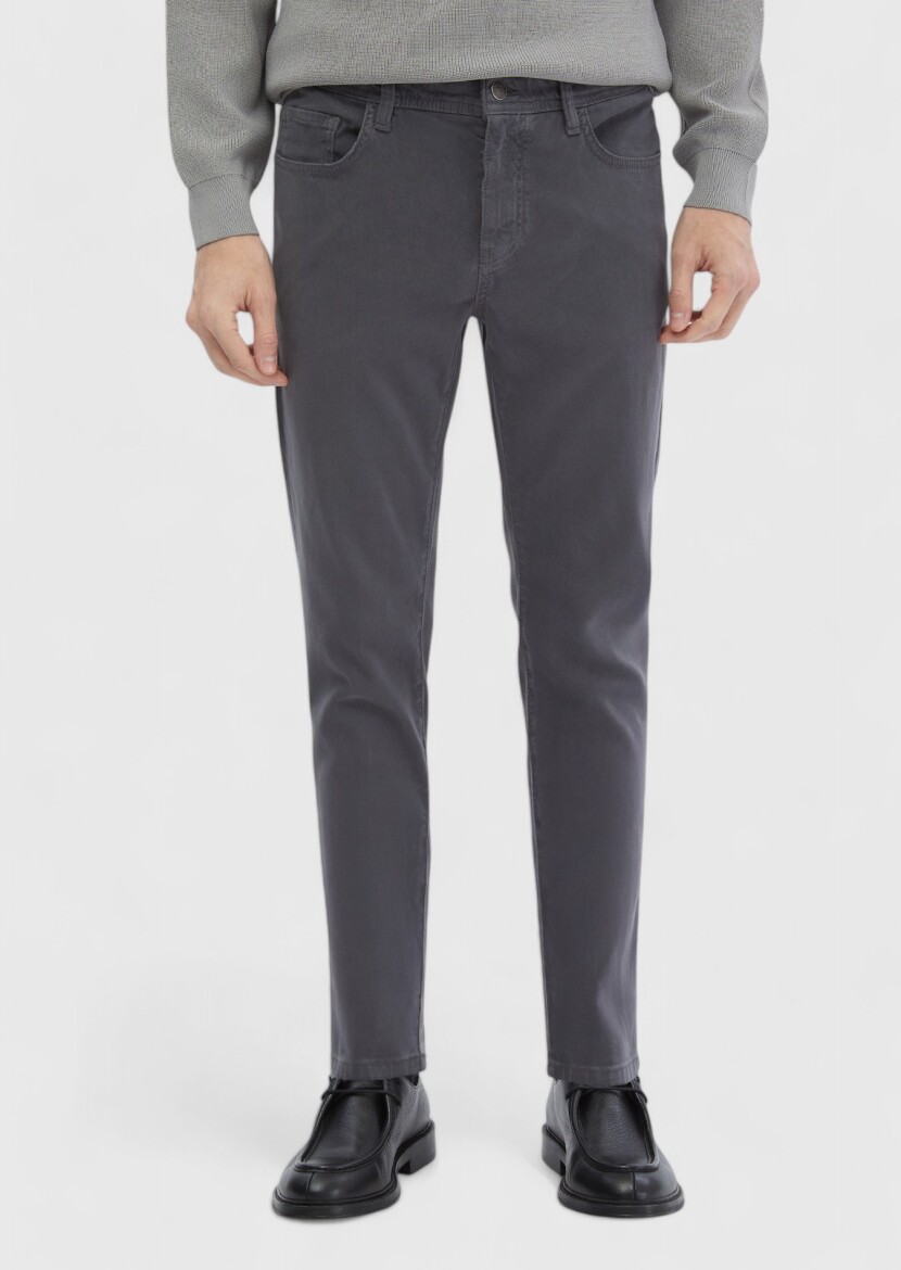 Dark Grey Weaving Slim Fit Casual Cotton Blended Trousers 