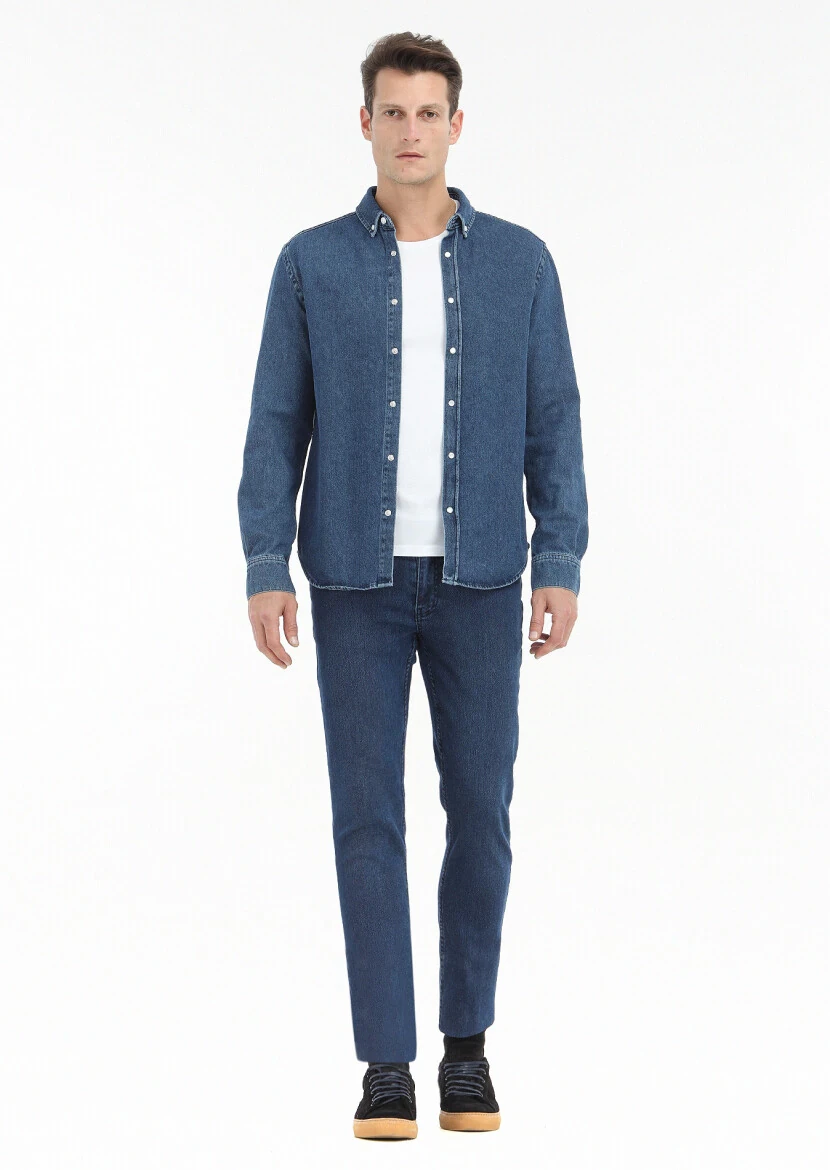 Dark Indigo Regular Fit Denim 100% Cotton Shirt - 1