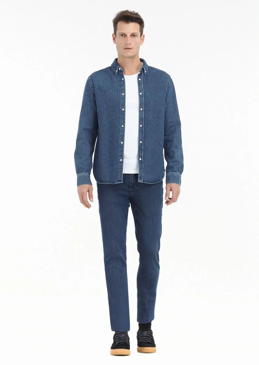 Dark Indigo Regular Fit Denim 100% Cotton Shirt - 1