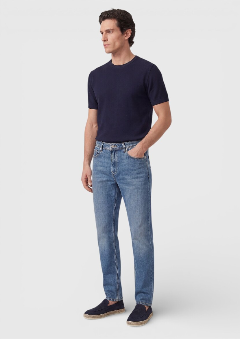 Dark Indigo Regular Fit Denim Cotton Blended Trousers - RAMSEY