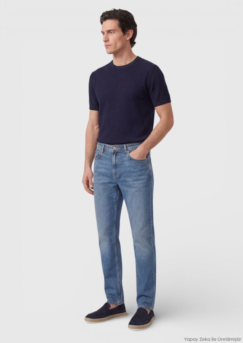 Dark Indigo Regular Fit Denim Cotton Blended Trousers - RAMSEY