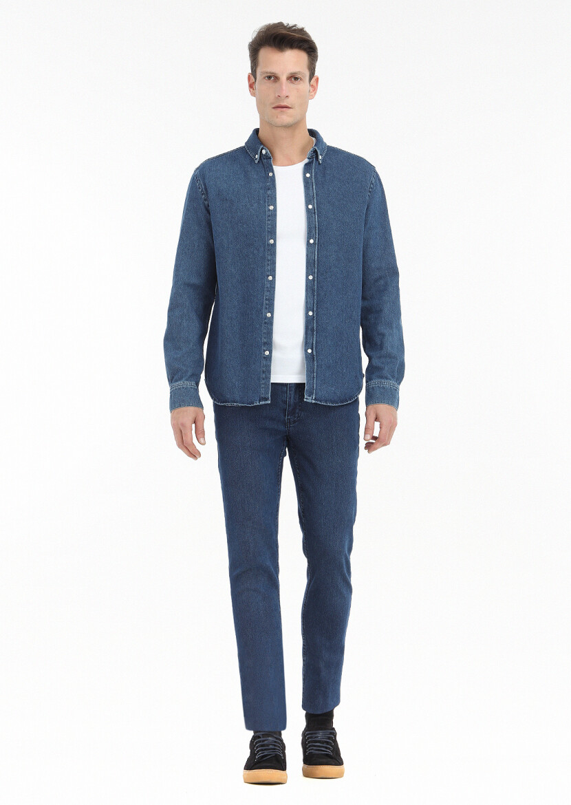Dark Indigo Regular Fit Long Denim 100% Cotton Shirt - 1