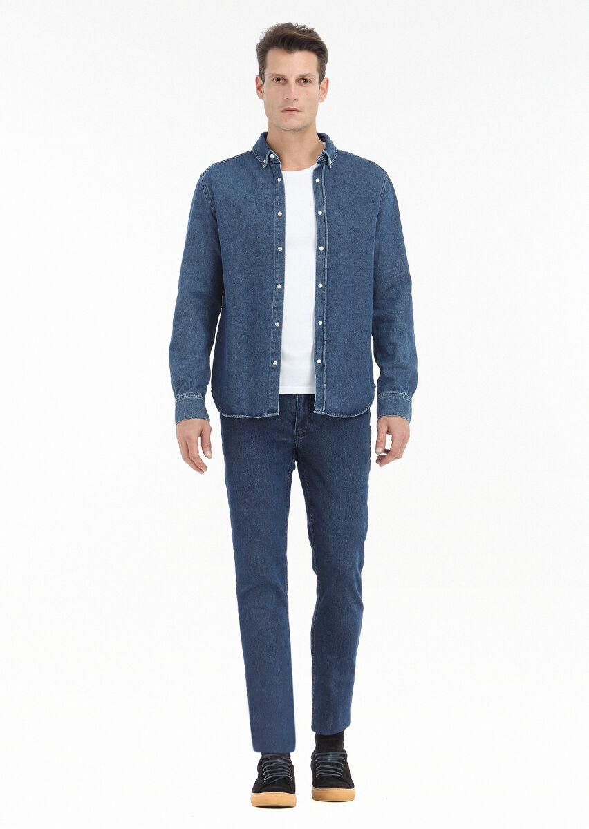Dark Indigo Regular Fit Long Denim 100% Cotton Shirt - 1