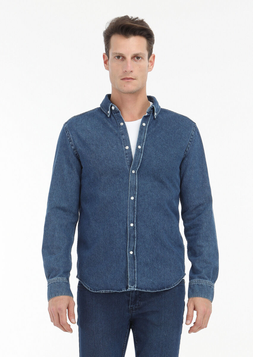Dark Indigo Regular Fit Long Denim 100% Cotton Shirt - 2