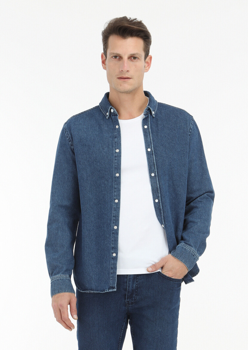 Dark Indigo Regular Fit Long Denim 100% Cotton Shirt - 3