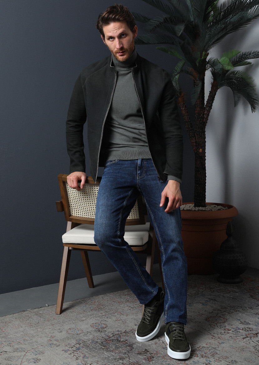 Dark Indigo Slim Fit Denim Cotton Blended Trousers - 1