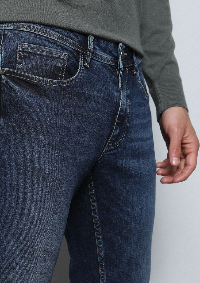 Dark Indigo Slim Fit Denim Cotton Blended Trousers - 3
