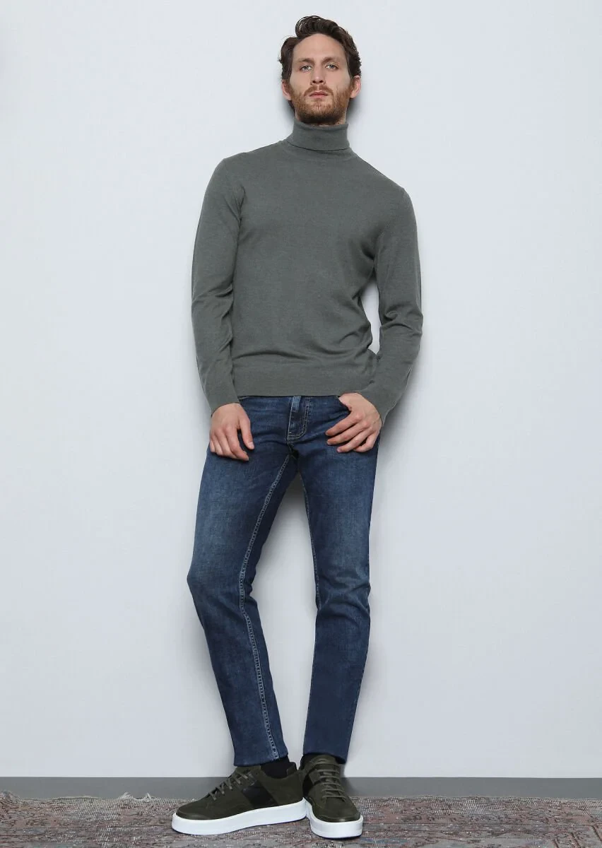 Dark Indigo Slim Fit Denim Cotton Blended Trousers - 2