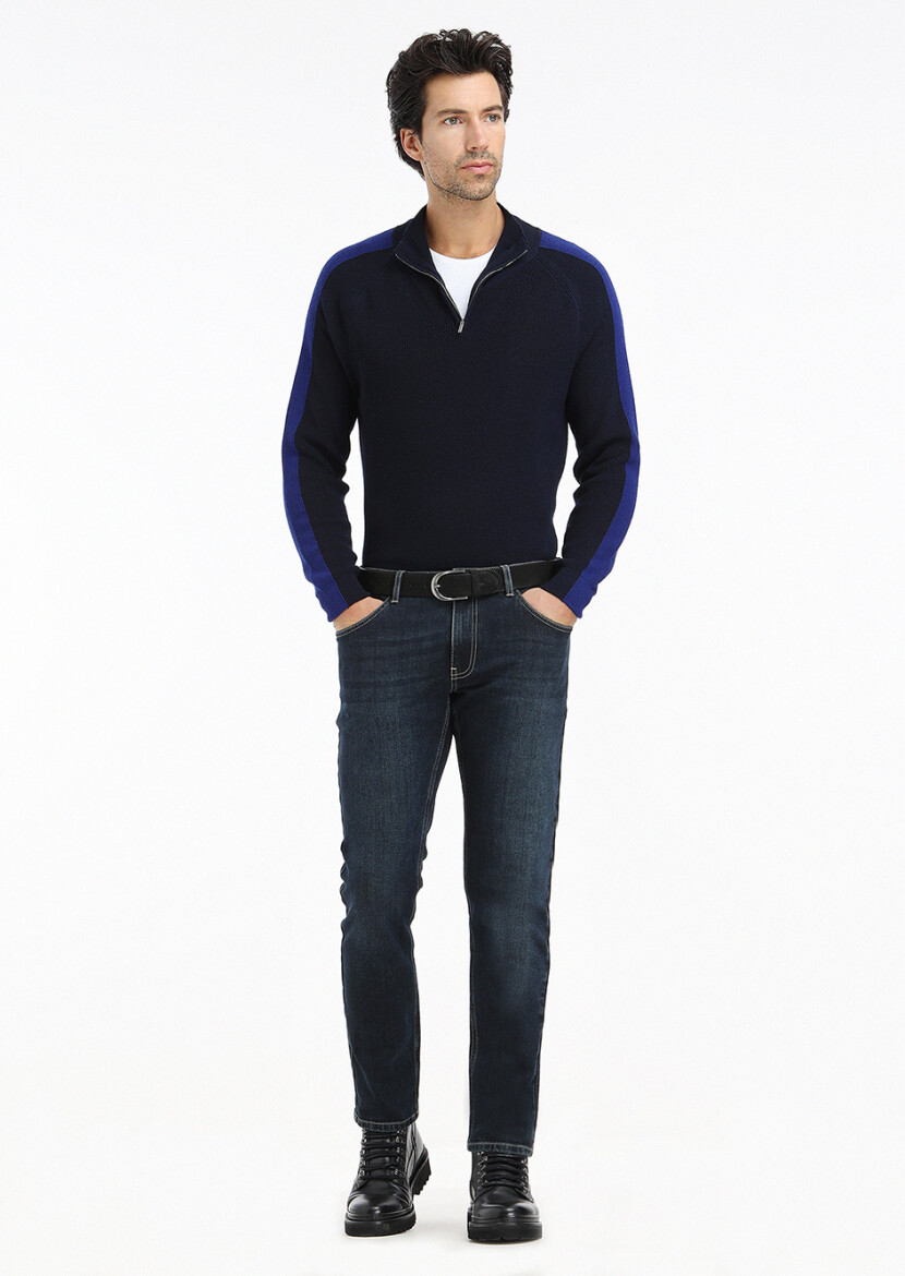 Dark Indigo Slim Fit Denim Cotton Blended Trousers - 2
