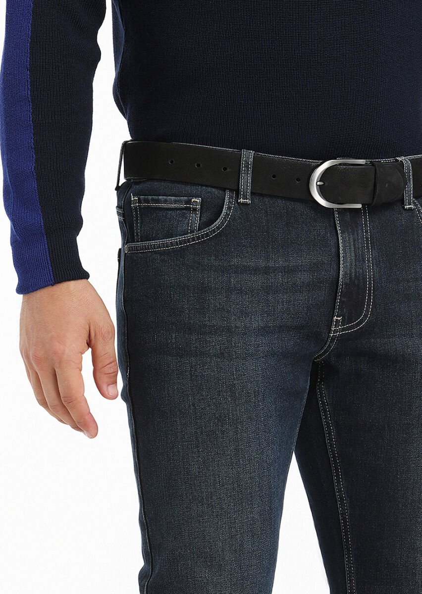 Dark Indigo Slim Fit Denim Cotton Blended Trousers - 3