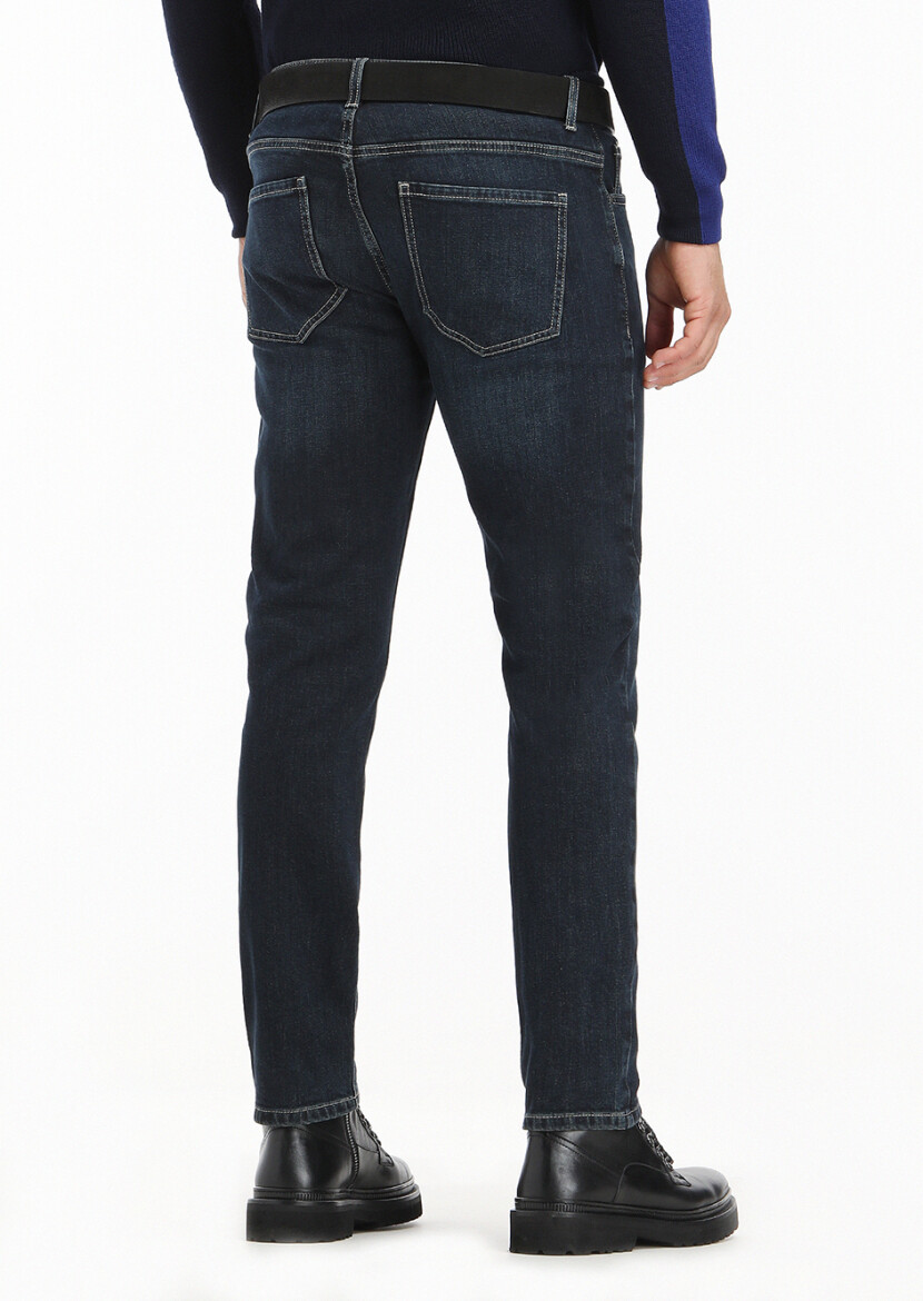 Dark Indigo Slim Fit Denim Cotton Blended Trousers - 4
