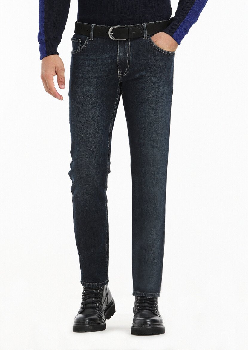 Dark Indigo Slim Fit Denim Cotton Blended Trousers - 1