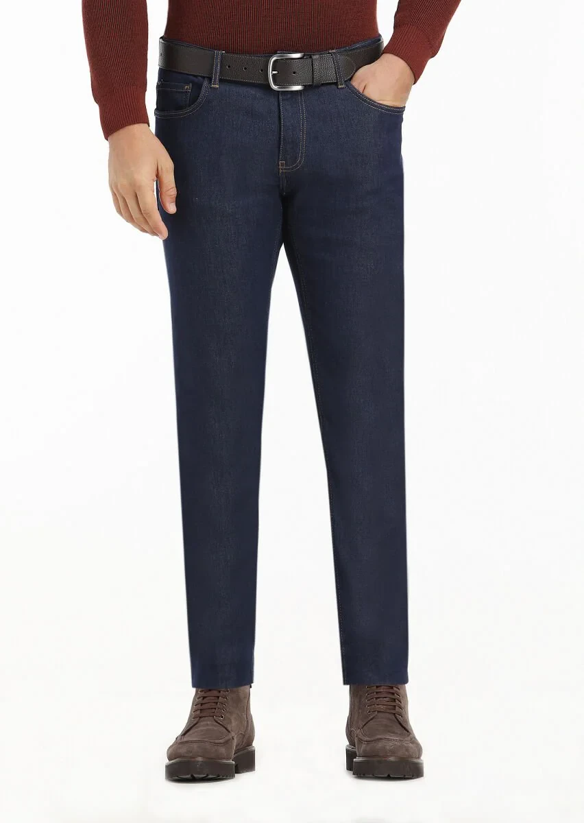 Dark Indigo Slim Fit Denim Cotton Blended Trousers - 1