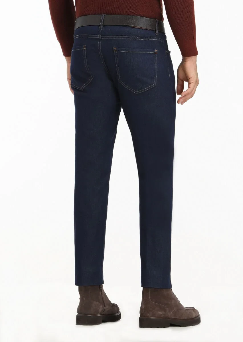 Dark Indigo Slim Fit Denim Cotton Blended Trousers - 3
