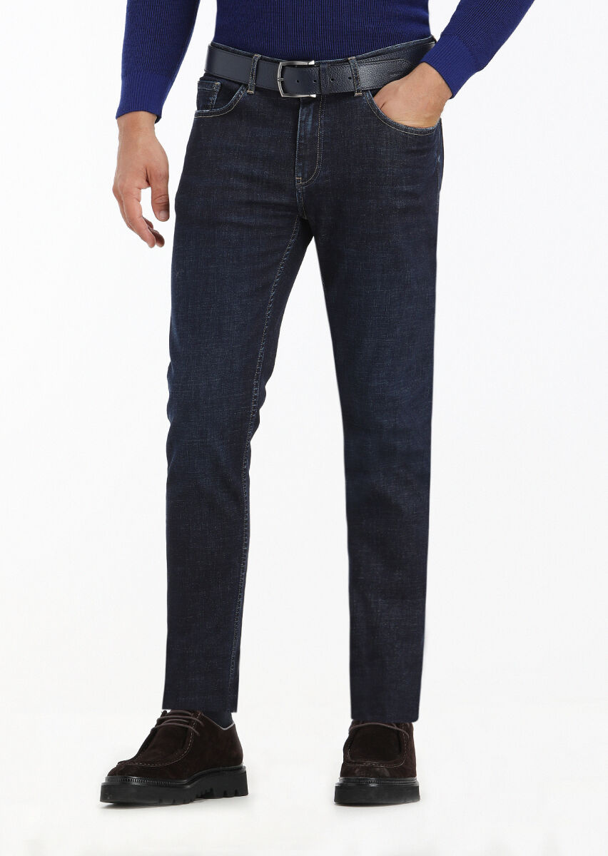 Dark Indigo Slim Fit Denim Cotton Blended Trousers - 1