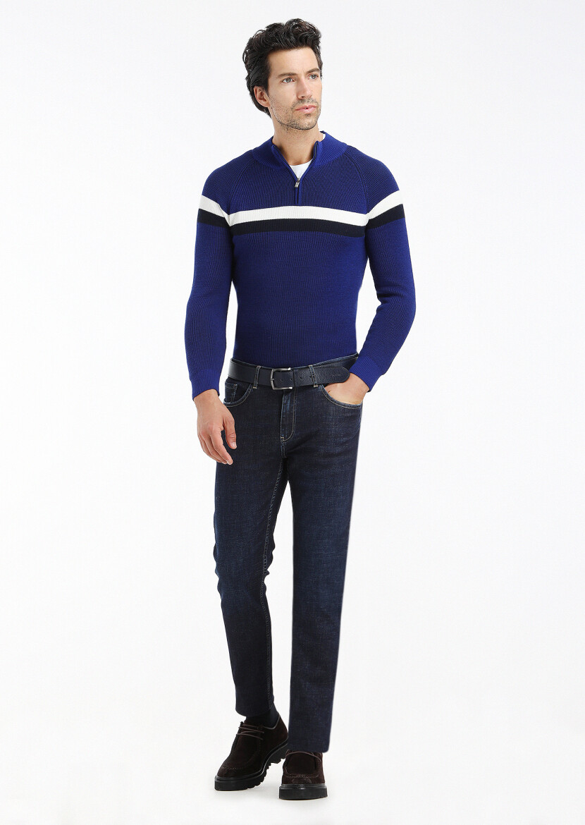 Dark Indigo Slim Fit Denim Cotton Blended Trousers - 2