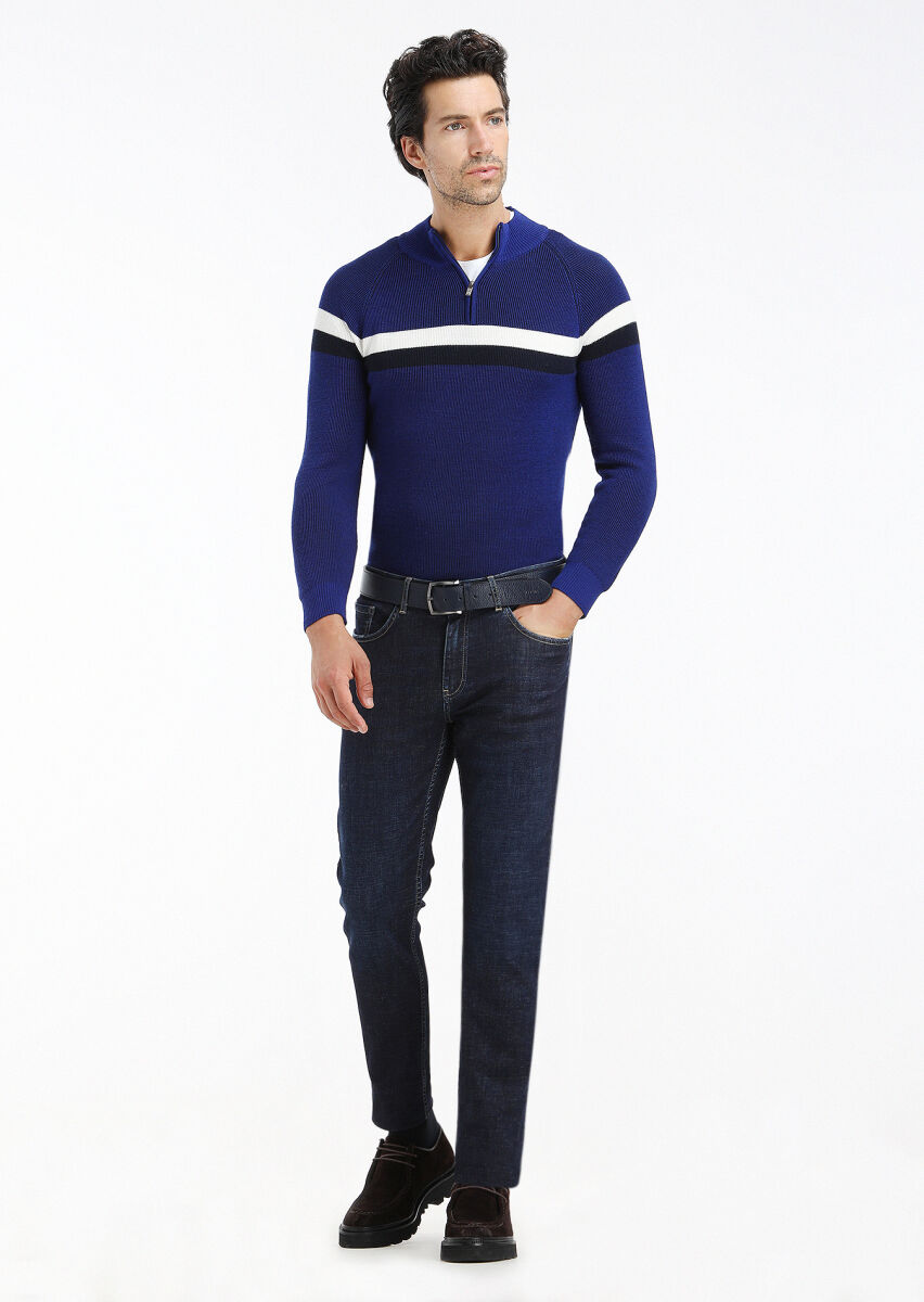 Dark Indigo Slim Fit Denim Cotton Blended Trousers - 2