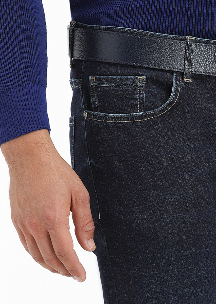 Dark Indigo Slim Fit Denim Cotton Blended Trousers - 3