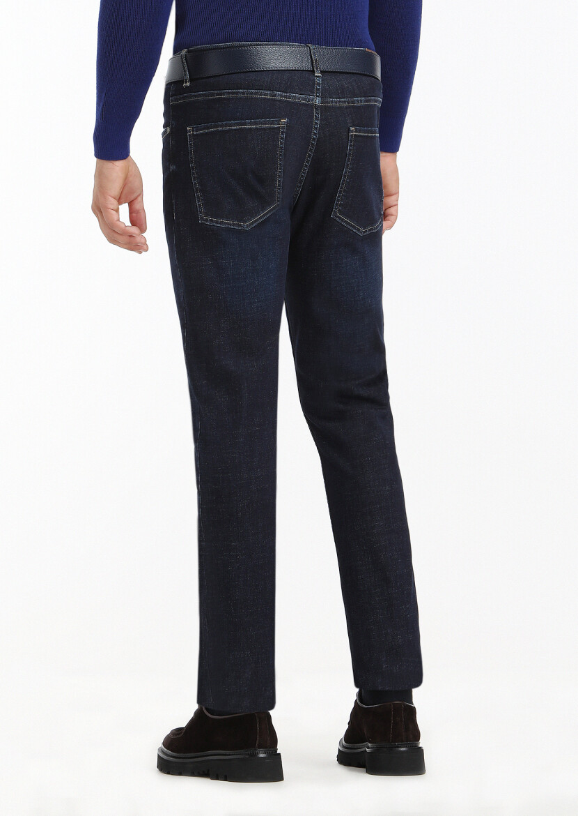 Dark Indigo Slim Fit Denim Cotton Blended Trousers - 4