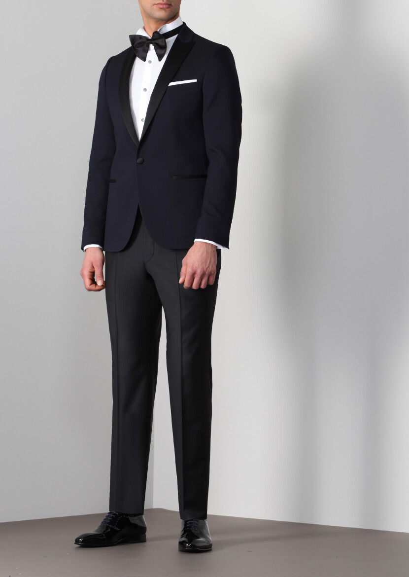 Dark Navyblue Cotton Blended Dinner Jacket - 5