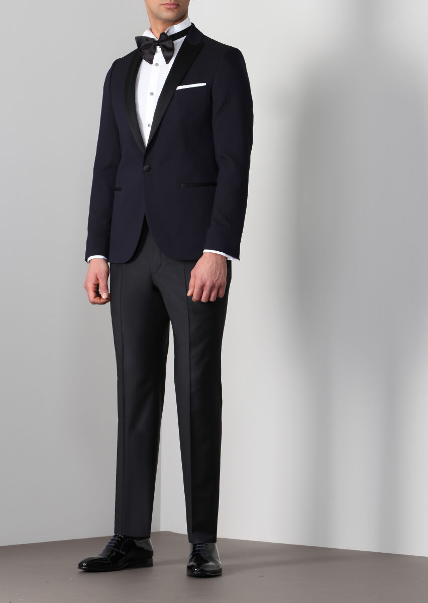 Dark Navyblue Cotton Blended Dinner Jacket - 5