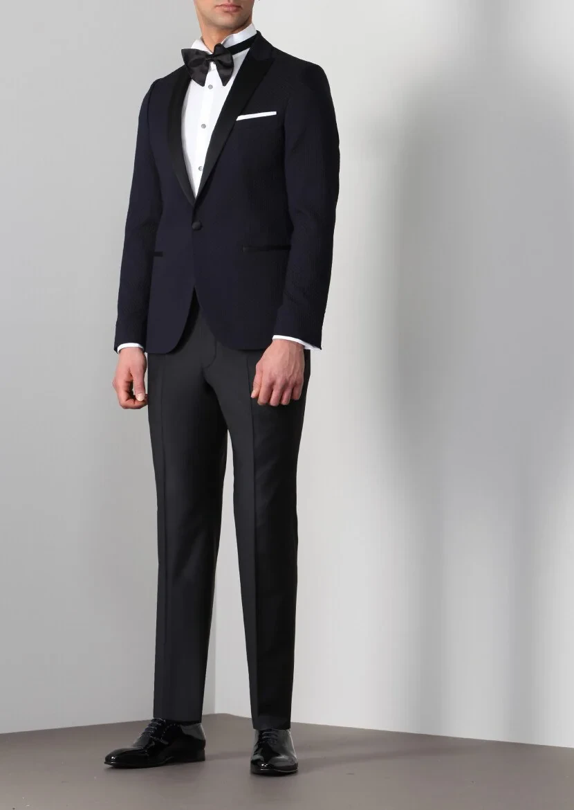 Dark Navyblue Cotton Blended Dinner Jacket - 5