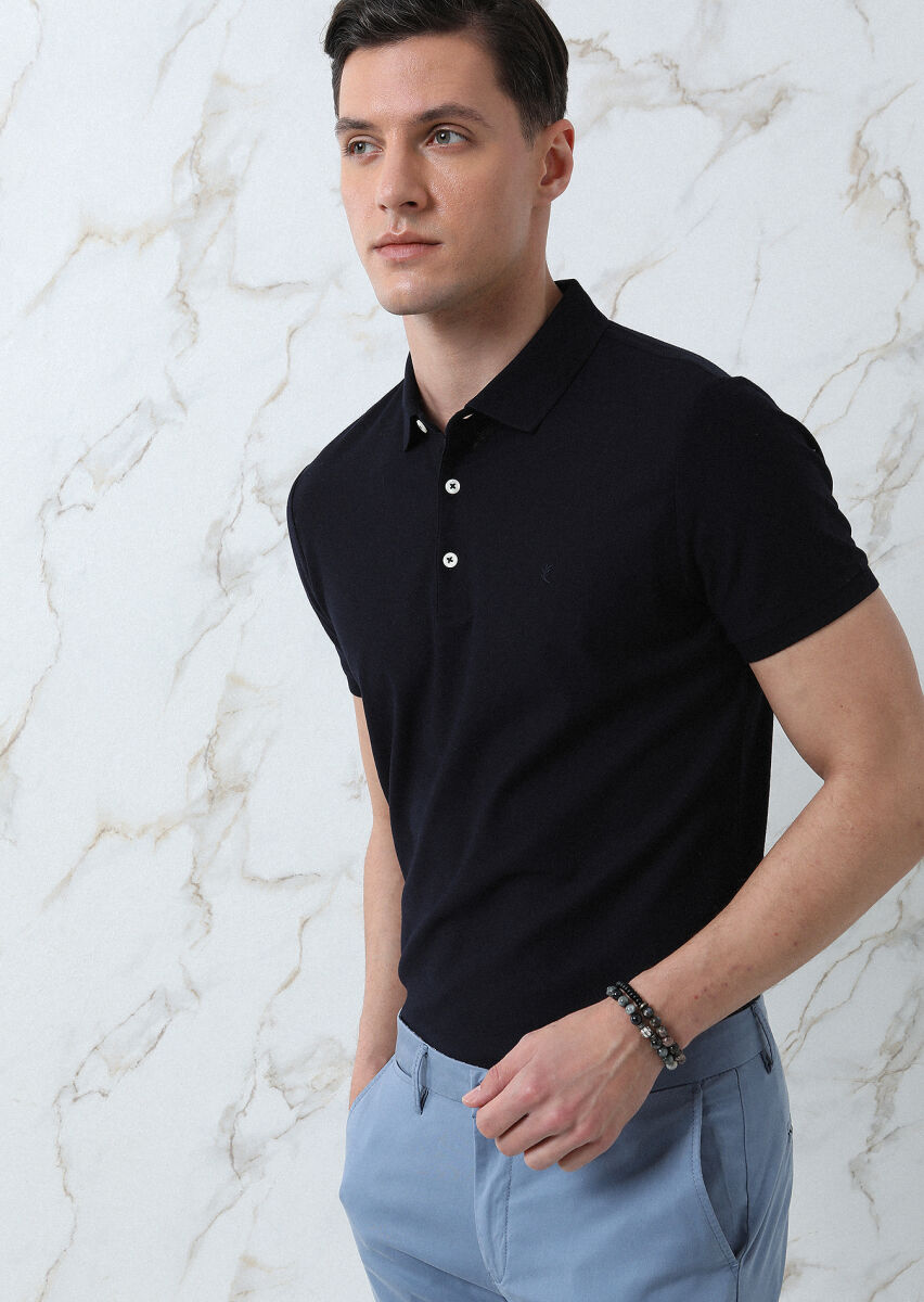 Dark Navyblue Jacquard Polo Neck 100% Cotton T-Shirt - 1