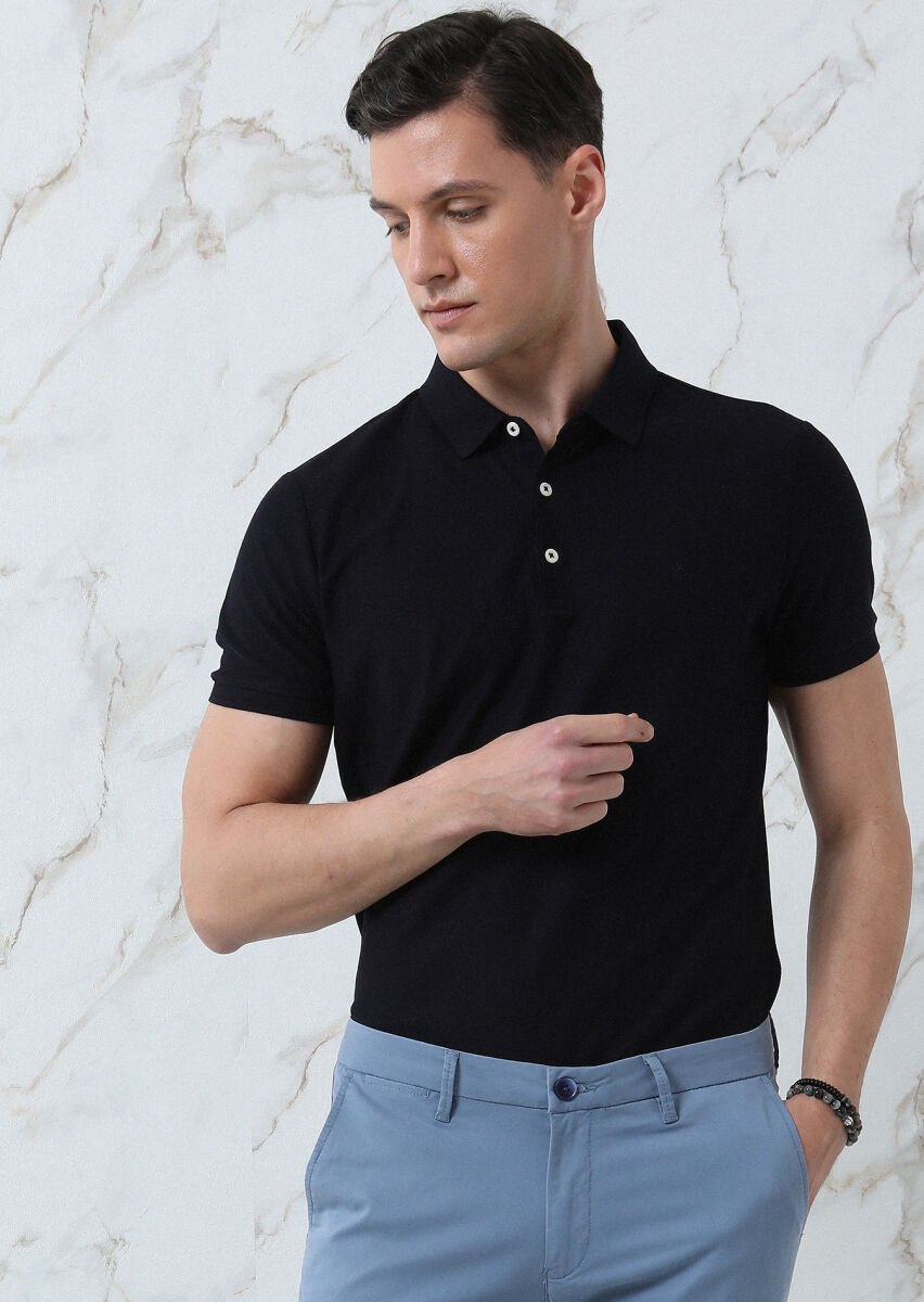 Dark Navyblue Jacquard Polo Neck 100% Cotton T-Shirt - 2