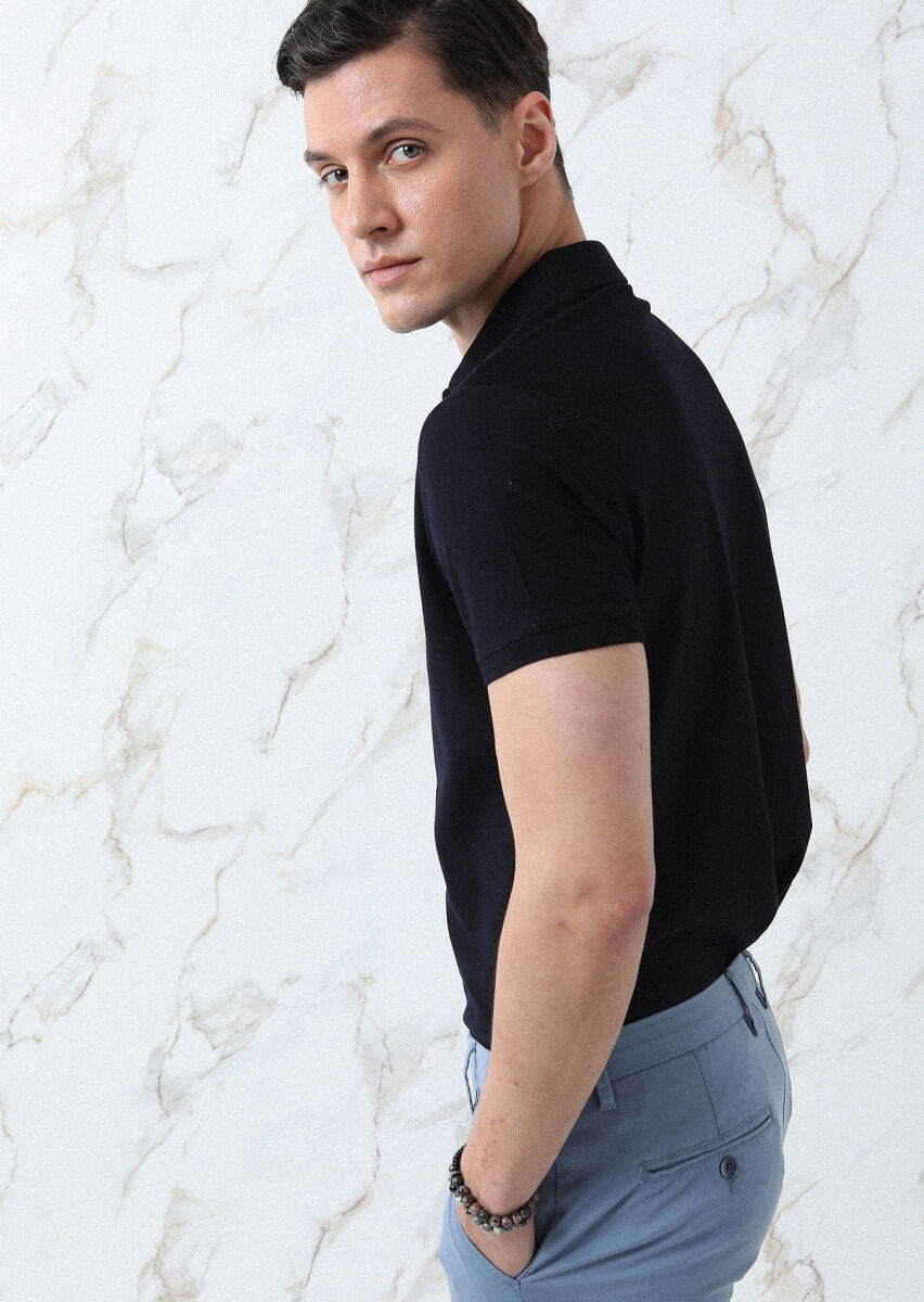Dark Navyblue Jacquard Polo Neck 100% Cotton T-Shirt - 5