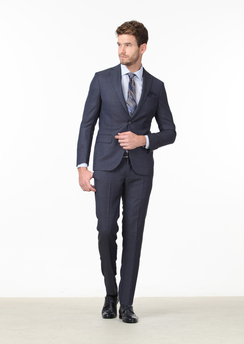 Dark Navyblue Micro Modern Fit 100% Wool Suit - 1