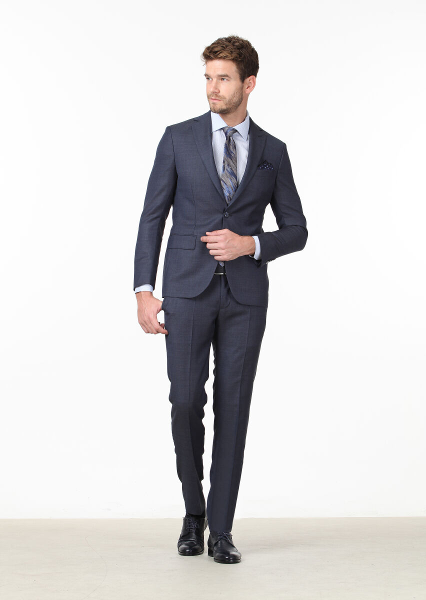 Dark Navyblue Micro Modern Fit 100% Wool Suit - 1
