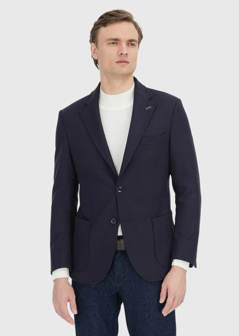 Dark Navyblue Patterned 100% Wool Jacket - RAMSEY