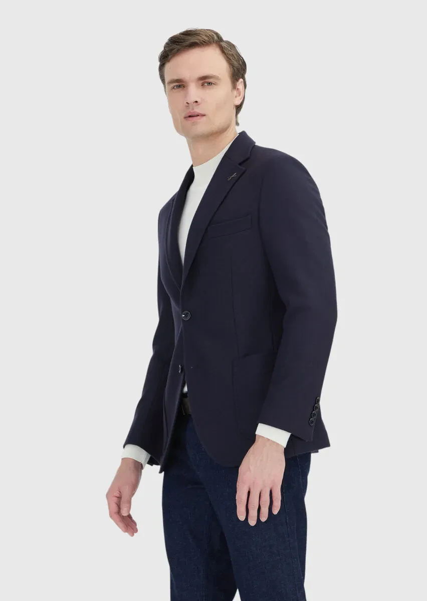 Dark Navyblue Patterned 100% Wool Jacket - 3
