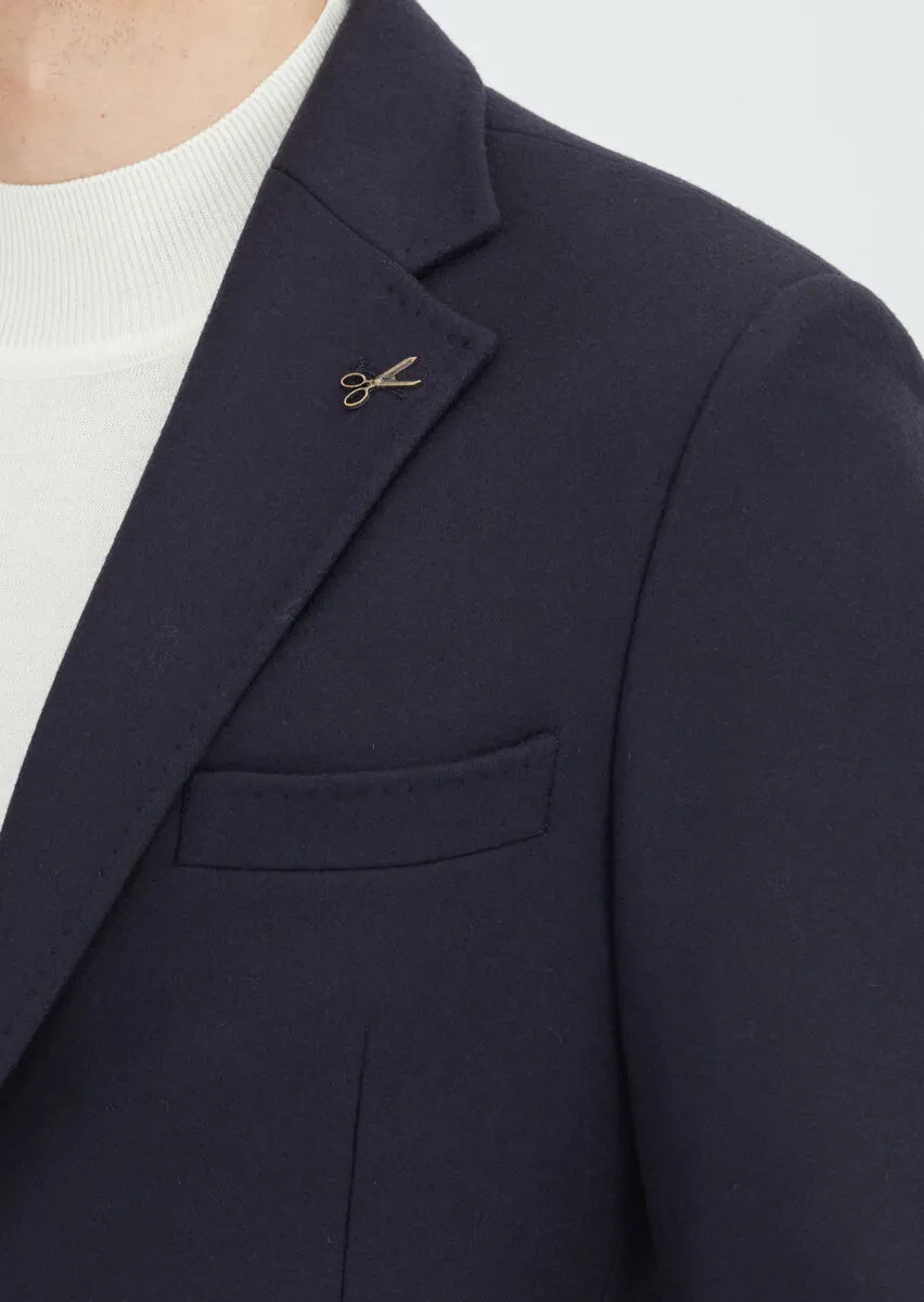 Dark Navyblue Patterned 100% Wool Jacket - 4