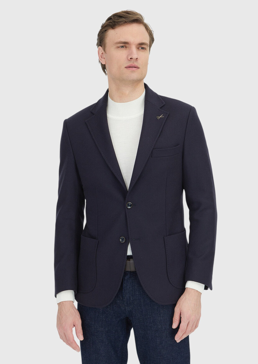 Dark Navyblue Patterned 100% Wool Jacket - 1