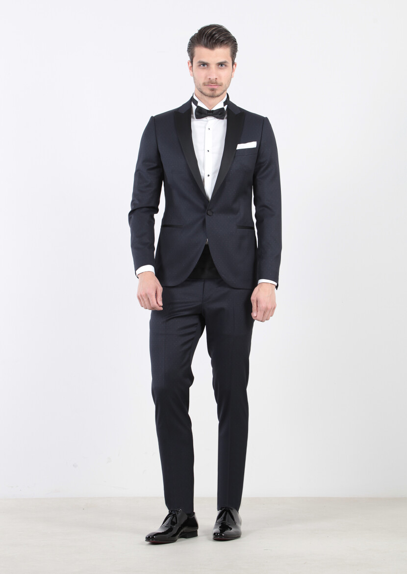 Dark Navyblue Patterned Fashion Slim Fit Double Breasted Collar Weaving Tuxedo - 1