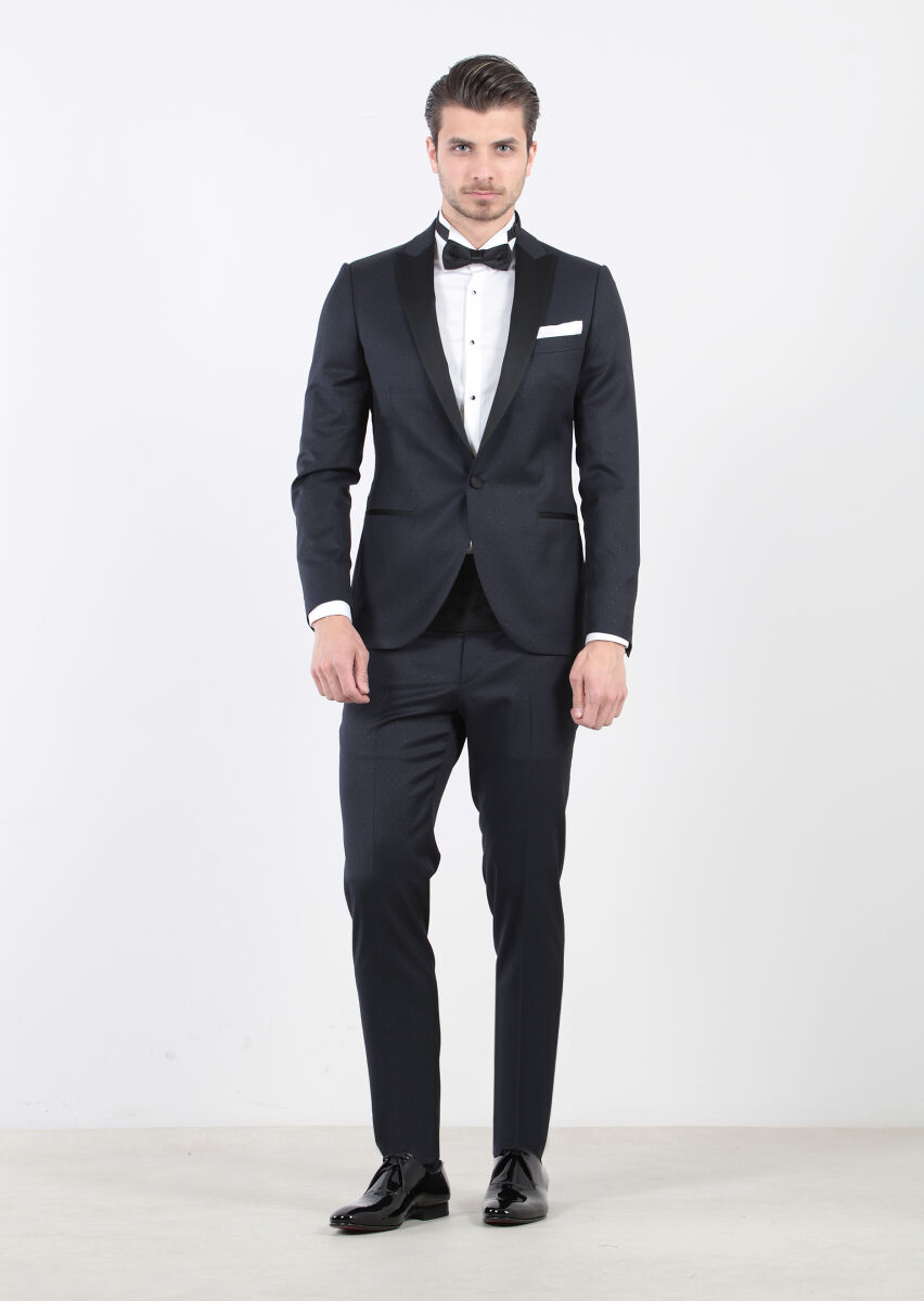 Dark Navyblue Patterned Fashion Slim Fit Double Breasted Collar Weaving Tuxedo - 1