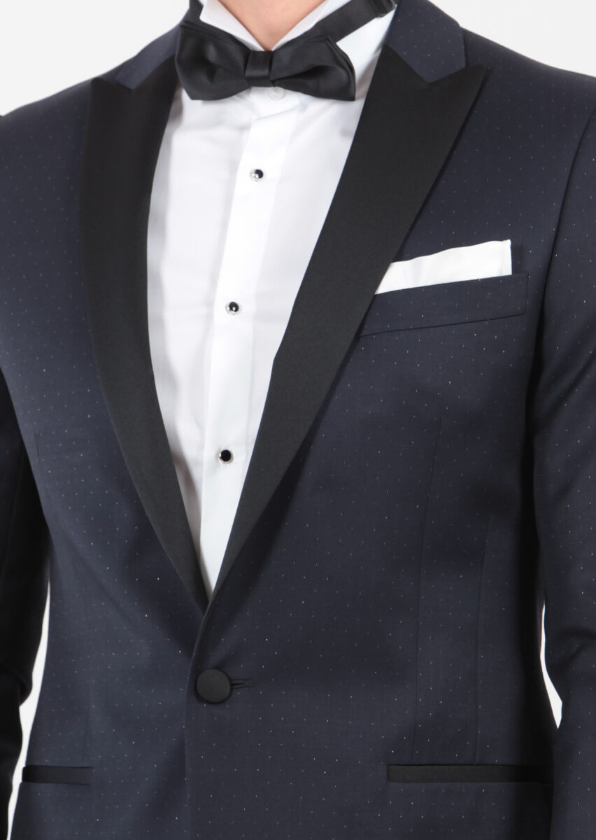 Dark Navyblue Patterned Fashion Slim Fit Double Breasted Collar Weaving Tuxedo - 2
