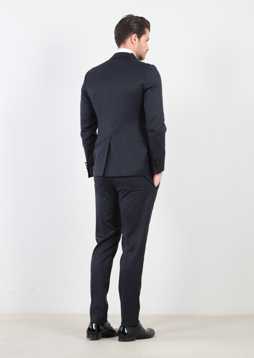 Dark Navyblue Patterned Fashion Slim Fit Double Breasted Collar Weaving Tuxedo - 3