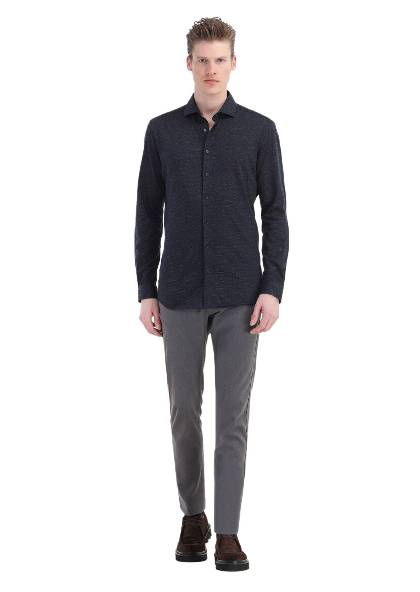 Dark Navyblue Patterned Regular Fit Long Knitting Casual 100% Cotton Shirt - 1