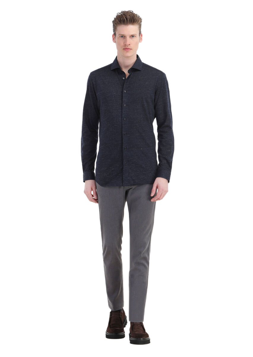 Dark Navyblue Patterned Regular Fit Long Knitting Casual 100% Cotton Shirt - 1