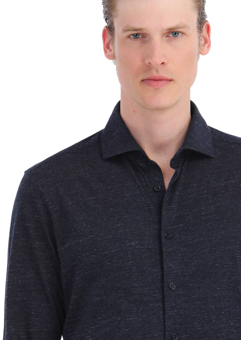 Dark Navyblue Patterned Regular Fit Long Knitting Casual 100% Cotton Shirt - 4